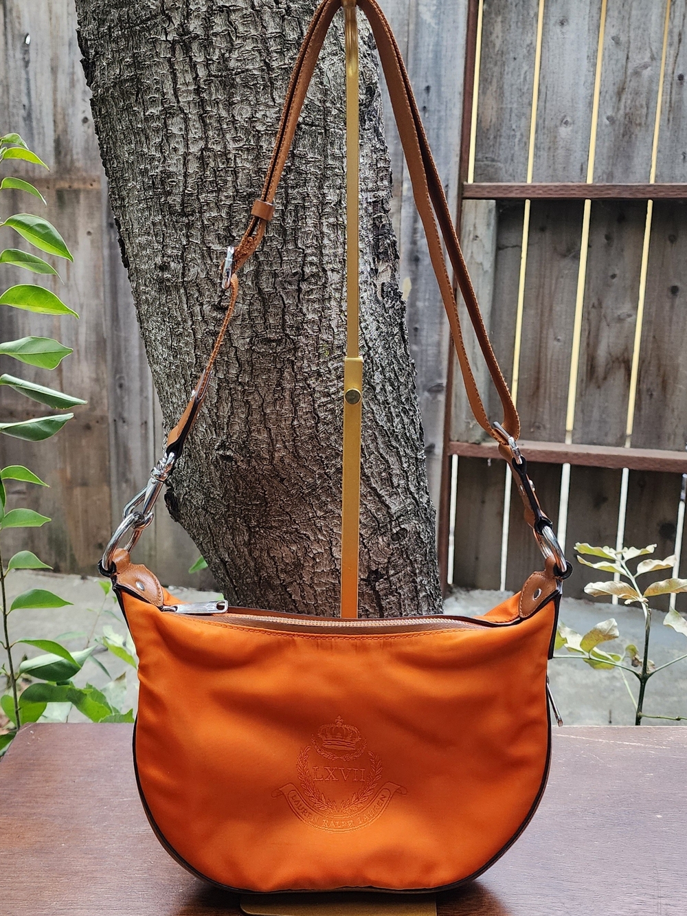 Lauren Ralph Lauren LXVII Orange Nylon Hobo Crossbody Bag Leather Trim